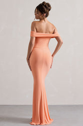 Coral Bardot Draped Split Maxi Dress